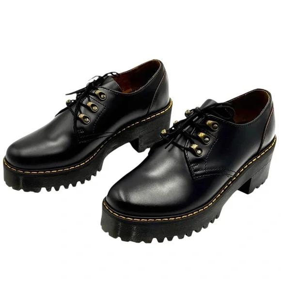 Dr. Martens Leona Low Platform Derby Shoes - Black Vintage Smooth Leather Size 9